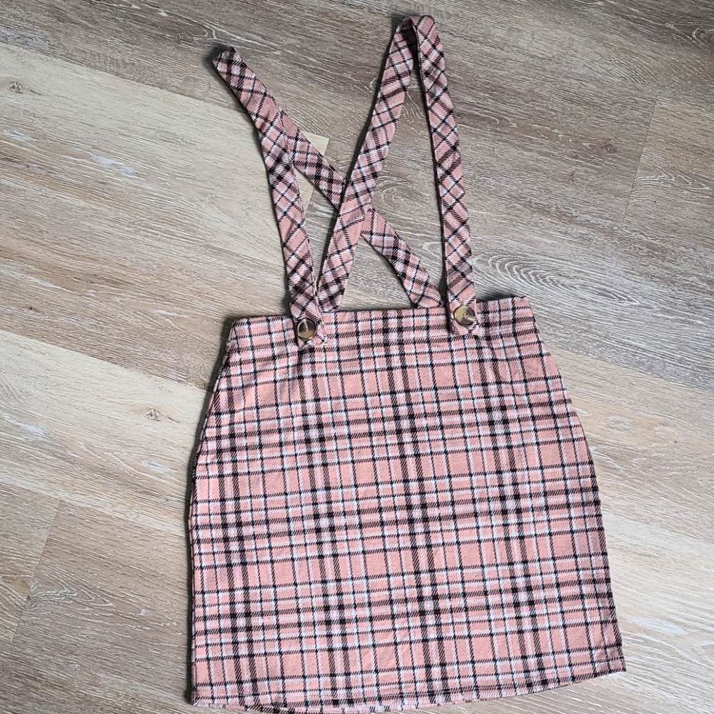Hollister Pink Plad Skirt with Suspenders Size Small
